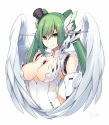 Rule 34 | 1girl, android, angel wings, bad id, bad tumblr id, bodysuit, breasts, character request, cleavage, green eyes, green hair, hat, headgear, large breasts, looking at viewer, matching hair/eyes, mini hat, mini top hat, muryotaro, original, phantasy star, phantasy star online 2, simple background, smile, solo, top hat, twintails, upper body, white background, wings