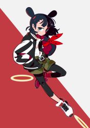 Rule 34 | 1boy, belt, black eyes, black hair, black pantyhose, camouflage, camouflage shorts, double bun, hair bun, hands in pockets, highres, jacket, pantyhose under shorts, long hair, looking at viewer, nezha (the legend of luoxiaohei), open clothes, open jacket, pantyhose, shirt tucked in, shoes, shorts, solo, take (illustrator), luo xiaohei zhanji, two-tone background, white footwear
