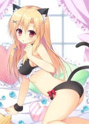 Rule 34 | 1girl, all fours, animal ears, arm support, ass, bare arms, bare shoulders, bikini, bikini top only, black bikini, blonde hair, blue bow, blush, bow, cat ears, cat girl, cat tail, commentary request, curtains, day, fingernails, frilled bikini, frilled bikini top, frilled pillow, frills, hair between eyes, hair bow, hair ornament, hand up, head tilt, heart, heart-shaped pillow, highres, long hair, looking at viewer, looking to the side, original, parted lips, pillow, pimopi, polka dot pillow, purple bow, red bow, red eyes, solo, star (symbol), star hair ornament, sunlight, swimsuit, tail, tail raised, very long hair, window, x hair ornament