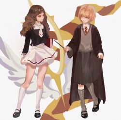 Rule 34 | 2girls, absurdres, animification, arms at sides, black coat, book, brown hair, cardcaptor sakura, carrying, carrying under arm, coat, collared shirt, cosplay, costume switch, crossover, eye contact, full body, grey skirt, grey socks, grey sweater, gryffindor, hand up, harry potter (series), hermione granger, highres, hogwarts school uniform, holding, holding wand, hoop, kinomoto sakura, kneehighs, long hair, looking at another, looking to the side, mary janes, miniskirt, mr. owlish, multiple girls, necktie, pleated skirt, scarf, school uniform, shirt, shoes, short hair, short necktie, skirt, skirt hold, smile, socks, standing, striped clothes, striped necktie, striped scarf, sweater, tomoeda middle school uniform, unworn scarf, wand, wavy hair, white background, white necktie, white skirt, white socks, wings, wizarding world