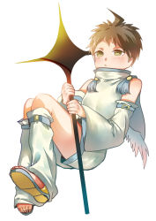 Rule 34 | 1boy, absurdres, ahoge, alternate costume, bare shoulders, blush, brown eyes, brown hair, commentary request, cosplay request, danganronpa (series), danganronpa 2: goodbye despair, detached sleeves, full body, grey shorts, highres, hinata hajime, holding, holding staff, kneehighs, knees up, long sleeves, male focus, sandals, scarf, short hair, short shorts, shorts, simple background, socks, solo, staff, tuteurfars shin, white background, white socks, wide sleeves, wings