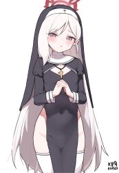Rule 34 | 1girl, alternate costume, blue archive, blush, commentary, covered navel, cross, dated, habit, halo, highres, long hair, mesugaki, mutsuki (blue archive), myeolchi, no panties, nun, own hands clasped, own hands together, petite, pointy ears, purple eyes, side slit, signature, simple background, slit pupils, solo, thighhighs, very long hair, white background, white hair