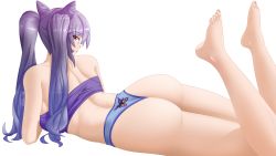 absurdres ass back bare_shoulders barefoot blue_hair genshin_impact gradient_hair highres keqing_(genshin_impact) long_hair looking_at_viewer looking_back lying multicolored_hair on_stomach panties pink_eyes purple_hair takie_arts thick_thighs thighs twintails underwear white_background