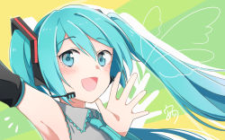 Rule 34 | ^^^, agonasubi, aqua eyes, aqua hair, aqua necktie, arm up, armpits, bare shoulders, black sleeves, commentary, detached sleeves, grey shirt, hair ornament, hatsune miku, headphones, headset, light blush, long hair, looking at viewer, necktie, open mouth, outstretched arm, outstretched hand, portrait, shadow, shirt, signature, sleeveless, sleeveless shirt, smile, solo, twintails, vocaloid, waving, wings