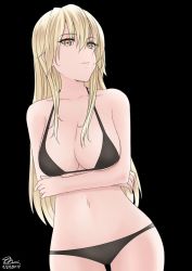 Rule 34 | 1girl, 2017, 9nojo, artoria pendragon (fate), artoria pendragon (lancer alter) (fate), bikini, black background, black bikini, blonde hair, breasts, cleavage, crossed arms, dated, dutch angle, fate/grand order, fate (series), hair between eyes, highres, large breasts, long hair, navel, solo, swimsuit, thigh gap, thighs, yellow eyes