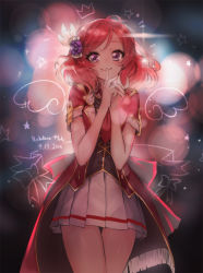 Rule 34 | 10s, 1girl, 2016, blush, bow, character name, closed mouth, cowboy shot, crown, dated, eyebrows, eyelashes, finger to mouth, flower, hair flower, hair ornament, lens flare, looking at viewer, love live!, love live! school idol festival, love live! school idol project, mins (minevi), nishikino maki, pleated skirt, purple eyes, red hair, short sleeves, shushing, skirt, smile, solo, star (symbol), swept bangs, thigh gap, white skirt, wings