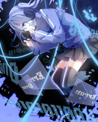 Rule 34 | 1girl, black thighhighs, blue eyes, blue hair, ene (kagerou project), facial mark, hand on own chin, headphones, jacket, kagerou project, matching hair/eyes, na2co3, pleated skirt, skirt, solo, thighhighs, track jacket, zettai ryouiki