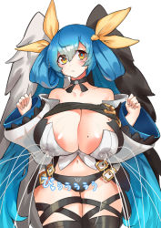 Rule 34 | 1girl, areola slip, asymmetrical wings, bare shoulders, blue hair, blush, bow, breasts, choker, cleavage, collarbone, covered erect nipples, cowboy shot, curvy, dizzy (guilty gear), guilty gear, guilty gear xrd, hair bow, hair ribbon, hasppa, highres, huge breasts, inverted nipples, lactation, lactation through clothes, long hair, long sleeves, mole, mole on breast, navel, ribbon, simple background, solo, tail, thighhighs, translation request, twintails, veins, veiny breasts, white background, wings