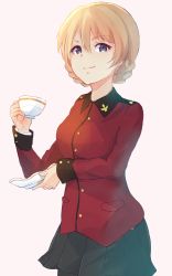 Rule 34 | 10s, 1girl, akira (mr akira), bad id, bad pixiv id, black pantyhose, black skirt, blonde hair, blue eyes, braid, closed mouth, cowboy shot, cup, darjeeling (girls und panzer), girls und panzer, highres, holding, jacket, light smile, long sleeves, looking at viewer, military, military uniform, miniskirt, pantyhose, pink background, pleated skirt, red jacket, saucer, short hair, simple background, skirt, solo, standing, teacup, twin braids, uniform, upper body
