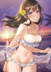Rule 34 | 1girl, bad id, bad pixiv id, beach, bikini, black hair, breasts, brown hair, commentary, flower, hair flower, hair ornament, highres, jewelry, large breasts, long hair, looking at viewer, necklace, niwata0, ocean, original, purple eyes, smile, solo, sunset, swimsuit, symbol-only commentary, teeth