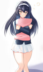 Rule 34 | 1girl, black hair, blue jacket, blush, brown eyes, closed mouth, commentary, frown, girls und panzer, green shirt, hairband, highres, holding, holding pillow, jacket, long hair, long sleeves, looking at viewer, mamaa (maeni6379), military, military uniform, miniskirt, ooarai military uniform, pillow, reizei mako, shirt, skirt, sleepy, solo, standing, uniform, white background, white hairband, white skirt
