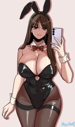 Rule 34 | 1girl, animal costume, beautiful gunbari, black leotard, black pantyhose, bow, breasts, brown eyes, brown hair, cellphone, cleavage, collarbone, detached collar, feet out of frame, holding, holding phone, jung su-a, large breasts, leotard, long hair, marheit, mole, mole on breast, neck ribbon, pantyhose, phone, rabbit costume, rabbit ears, red bow, ribbon, selfie, simple background, smile, solo, standing, thick thighs, thighs, wrist cuffs