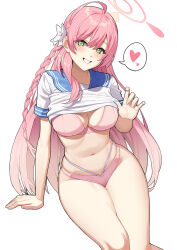 Rule 34 | 1girl, blue archive, bra, breasts, clothes lift, goumudan, green eyes, grin, halo, hanako (blue archive), heart, highres, large breasts, lifted by self, long hair, looking at viewer, navel, panties, pink bra, pink hair, pink panties, shirt lift, simple background, sitting, smile, solo, speech bubble, spoken heart, stomach, teeth, thighs, underwear, very long hair, white background