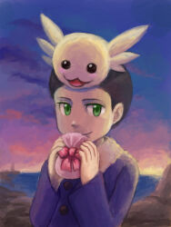 Rule 34 | digimon, digimon (creature), hida iori, looking at viewer, open mouth, ribbon, short hair, smile, upamon