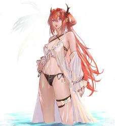 Rule 34 | 1girl, absurdres, arknights, atsumi 7, bare shoulders, bikini, criss-cross halter, detached sleeves, hair between eyes, hair intakes, hair rings, halterneck, highres, horns, long hair, long sleeves, looking at viewer, navel, purple eyes, red hair, simple background, solo, standing, stomach, surtr (arknights), surtr (colorful wonderland) (arknights), swimsuit, thigh strap, thighs, tongue, tongue out, very long hair, wading, water, white background