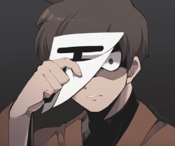 Rule 34 | 1boy, bags under eyes, black background, brown eyes, brown hair, fingernails, highres, kotorai, looking at viewer, male focus, marumaru no shuyaku wa wareware da!, one eye covered, paper, paper on head, parted lips, roboro, shaded face, short hair, signature, simple background, solo, translation request, upper body, wide sleeves