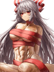 Rule 34 | 1girl, absurdres, angry, bow, fujiwara no mokou, hair bow, highres, hime cut, long hair, muscular, muscular female, naked ribbon, red eyes, ribbon, sidelocks, simple background, solo, sweat, touhou, very long hair, waramori fuzuka, white background, white bow, white hair