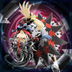 Rule 34 | 1girl, abstract background, album cover, arm up, black hair, bow, bracelet, coba (bushclover), cover, dress, fang, fingernails, from above, grey horns, horns, jewelry, kijin seija, looking at viewer, multicolored hair, red eyes, red hair, ribbon, sharp fingernails, short hair, short sleeves, solo, streaked hair, tongue, tongue out, touhou, white hair