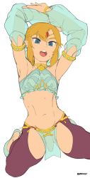 Rule 34 | 1boy, absurdres, armpits, arms up, bad id, bad pixiv id, blonde hair, blue eyes, brekkist, crossdressing, detached sleeves, earrings, gerudo set (zelda), highres, jewelry, link, male focus, navel, nintendo, open mouth, pelvic curtain, penis, pointy ears, see-through, simple background, solo, stomach, the legend of zelda, the legend of zelda: breath of the wild, trap
