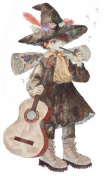 Rule 34 | 1boy, amano sizuku, boots, brown eyes, brown hair, dandelion seed, flower, full body, guitar, hair over one eye, hat, hat feather, hat flower, highres, instrument, long sleeves, male focus, moomin, smoking pipe, scroll, simple background, snufkin, solo, standing, white background
