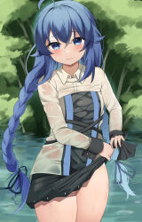 Rule 34 | 1girl, absurdres, ahoge, black dress, blue eyes, blue hair, blue ribbon, braid, capelet, dress, empty (mn3k yo), eyebrows hidden by hair, feet out of frame, flat chest, forest, hair between eyes, hair ribbon, highres, jacket, lake, light blush, long hair, looking at viewer, mushoku tensei, nature, panties, panty peek, ribbon, roxy migurdia, skirt, solo, thighs, twin braids, underwear, very long hair, wavy mouth, wet, wet clothes, white capelet, white jacket, wringing clothes, wringing skirt