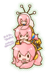 Rule 34 | 3girls, anniversary, antennae, blush stickers, boots, chibi, commentary, cosplay, dated, detached sleeves, drooling, halftone, headphones, human tower, interlocked fingers, kigurumi, lying, megurine luka, mouth drool, multiple girls, octopus, on stomach, open mouth, own hands together, pink hair, pylori kin no uta (vocaloid), sanpati, single detached sleeve, smile, solid oval eyes, stacking, takoluka, translated, twitter username, vocaloid, white background
