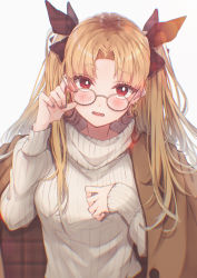 Rule 34 | 1girl, absurdres, black bow, blonde hair, blurry, blush, bow, brown coat, coat, commentary request, earrings, ereshkigal (fate), fate/grand order, fate (series), glasses, grey background, grey nails, hair bow, hand up, highres, jewelry, long hair, long sleeves, looking at viewer, nail polish, red eyes, ribbed sweater, simple background, solo, suna co, sweater, two side up, wavy mouth, white sweater