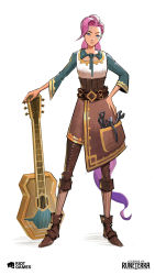 Rule 34 | 1girl, absurdres, belt, brown belt, brown footwear, brown pants, brown skirt, commentary, copyright name, den (denwhat), english commentary, full body, green shirt, guitar, hand on own hip, highres, instrument, league of legends, legends of runeterra, long hair, long sleeves, official alternate costume, pants, pink hair, ponytail, seraphine (league of legends), shirt, shoes, simple background, skirt, socks, solo, striped clothes, striped socks, white background, wrench
