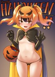 Rule 34 | &gt;:d, 1girl, :d, bag, black cape, black gloves, black ribbon, blush, brown eyes, brown hair, cape, claw pose, condom, condom wrapper, cowboy shot, elbow gloves, f.w.zholic, fangs, flat chest, gloves, gluteal fold, gradient background, groin, halloween, happy halloween, highres, long hair, looking at viewer, multicolored hair, navel, open mouth, orange hair, original, panties, ribbon, side-tie panties, smile, solo, standing, stomach, streaked hair, striped clothes, striped panties, topless, twintails, underwear, v-shaped eyebrows