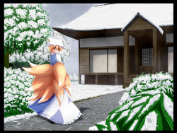Rule 34 | 1girl, architecture, blonde hair, border, box, cloud, cloudy sky, donation box, dress, east asian architecture, female focus, fox tail, from behind, grass, hat, hat with ears, highres, leaf, liya, long sleeves, looking at viewer, looking back, multiple tails, path, road, short hair, sky, snow, solo, tabard, tail, touhou, tree, white dress, winter, yakumo ran, yellow eyes