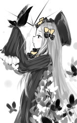 Rule 34 | 1girl, abigail williams (fate), arms up, blush, bow, bug, butterfly, commentary request, dress, eatbara, fate/grand order, fate (series), greyscale, hair bow, hat, highres, insect, long hair, monochrome, orange bow, parted bangs, parted lips, profile, signature, sketch, sleeves past fingers, sleeves past wrists, solo, spot color, very long hair, white background