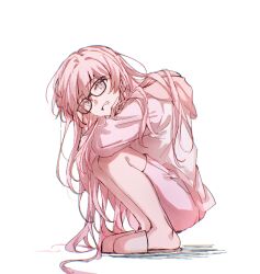 Rule 34 | 1girl, absurdres, bang dream!, bang dream! it&#039;s mygo!!!!!, chihaya anon, chinese commentary, commentary request, full body, glasses, highres, hood, hood down, hoodie, long hair, long sleeves, looking at viewer, muonrei00, pink eyes, pink footwear, pink hair, pink hoodie, shadow, slippers, solo, squatting, white background