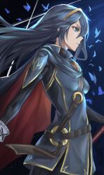 Rule 34 | 1girl, blue butterfly, blue eyes, blue hair, breasts, bug, butterfly, cape, fire emblem, fire emblem awakening, from side, hair between eyes, highres, insect, long hair, long sleeves, looking away, lucina (fire emblem), night, night sky, nintendo, outdoors, profile, shizukugu03, sky, small breasts, solo, star (sky), tiara