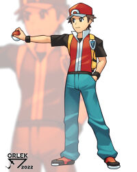 Rule 34 | 1boy, absurdres, artist name, backpack, bag, baggy pants, black wristband, brown hair, creatures (company), full body, game freak, green pants, hand in pocket, hat, highres, looking to the side, male focus, nintendo, orlek, outstretched arm, pants, pokemon, pokemon frlg, red (pokemon), red hat, red vest, shirt, shoes, short hair, short sleeves, solo, standing, t-shirt, vest, vs seeker, white background, yellow bag, zoom layer