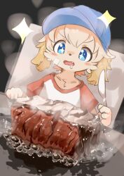Rule 34 | + +, 1boy, animal ears, animal nose, bandaid, bandaid on cheek, bandaid on face, blonde hair, blue eyes, blue hat, blush stickers, child, dog boy, dog ears, drooling, fang, food, furry, furry male, grease (food), hat, highres, holding, holding knife, hungry, knife, male focus, meat, open mouth, original, shirt, short hair, short sleeves, solo, sparkle, steam, steaming food, tareme, tsukiya (rajx3523)
