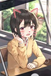 Rule 34 | 1girl, absurdres, animal ears, annoyed, blush, brown eyes, brown hair, brown sweater, cat ears, cat nose, cellphone, chair, collared shirt, commentary request, face filter, fake animal ears, fake nose, fake whiskers, fang, hair ornament, hairclip, hand up, highres, huge filesize, indoors, long sleeves, looking at viewer, notice lines, open mouth, original, phone, red neckwear, sarika, school chair, shirt, short hair, sitting, skin fang, smartphone, solo, sweater, taking picture, white shirt, window