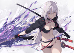Rule 34 | 1girl, ahoge, bikini, black bikini, black choker, black gloves, black jacket, breasts, choker, cleavage, closed mouth, commentary request, cropped jacket, fate/grand order, fate (series), gloves, jacket, jeanne d&#039;arc alter (swimsuit berserker) (fate), jeanne d&#039;arc (fate), jeanne d&#039;arc alter (fate), jeanne d&#039;arc alter (swimsuit berserker) (fate), katana, kodamazon, large breasts, long hair, multicolored background, navel, o-ring, o-ring bikini, o-ring bottom, o-ring top, shrug (clothing), swimsuit, sword, thigh strap, very long hair, weapon, white hair, yellow eyes