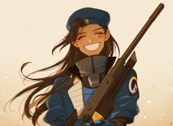 Rule 34 | 1girl, :d, aged down, ana (overwatch), armor, bad id, bad twitter id, beret, blue jacket, bodysuit, brown hair, captain amari, character name, closed eyes, clothes writing, dark-skinned female, dark skin, emblem, facial mark, facial tattoo, grin, gun, hat, holding, holding weapon, jacket, logo, long hair, looking at viewer, military, military uniform, official alternate costume, open mouth, overwatch, overwatch 1, perio 67, power armor, power suit, rifle, smile, sniper rifle, solo, tattoo, turtleneck, uniform, upper body, weapon