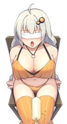 Rule 34 | 1girl, ahoge, b.c, bare shoulders, bikini, blindfold, breasts, candy, chair, cleavage, collarbone, facing viewer, food, grey hair, hair ornament, highres, kizuna akari, large breasts, lollipop, long hair, mole, mole on breast, navel, open mouth, orange bikini, orange thighhighs, simple background, sitting, solo, striped clothes, striped thighhighs, swimsuit, thighhighs, voiceroid, white background