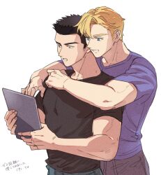 Rule 34 | 2boys, ao isami, arm around shoulder, black hair, blonde hair, couple, cowboy shot, facial hair, holding, holding tablet pc, lewis smith, looking ahead, maji (m), male focus, multiple boys, pectorals, sideburns stubble, stubble, tablet pc, thick eyebrows, toned, toned male, yaoi, yuuki bakuhatsu bang bravern