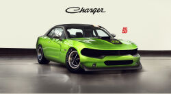 Rule 34 | absurdres, adry53, car, commentary, dodge (company), dodge charger, english commentary, green car, highres, indoors, motor vehicle, muscle car, no humans, original, redesign, shadow, vehicle focus, vehicle name