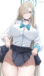 Rule 34 | 1girl, absurdres, asuna (blue archive), blue eyes, bow, bowtie, highres, ilsksh, light brown hair, long hair, looking at viewer, shirt, simple background, smile, solo, white shirt