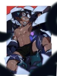 Rule 34 | 1boy, abs, arknights, black shorts, blue hair, dark-skinned male, dark skin, ethan (arknights), facial hair, goatee, goggles, goggles on head, male focus, monster, nipples, pectorals, plant monster, pointy ears, seaborn (arknights), shorts, slime (substance), sweatdrop, tentacles, topless male, yaowu