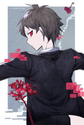 Rule 34 | 1boy, ahoge, black jacket, black pants, brown hair, commentary request, danganronpa (series), danganronpa 2: goodbye despair, flower, from behind, glitch, grey background, hatching (texture), highres, hinata hajime, jacket, looking at viewer, male focus, outstretched arms, pants, profile, red eyes, red flower, red hair, short hair, solo, super danganronpa 2.5: komaeda nagito to sekai no hakaimono, upper body, ziling