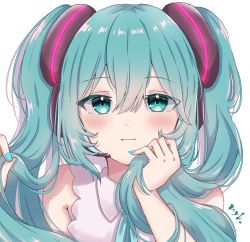 Rule 34 | 1girl, blue eyes, blue hair, blue nails, blush, closed mouth, hatsune miku, hatsune miku (nt), headset, highres, holding, holding own hair, long hair, microphone, myb e2, nail polish, portrait, simple background, smile, solo, twintails, vocaloid, white background