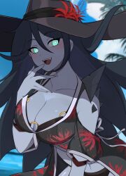 Rule 34 | 1girl, absurdres, animification, bikini, bikini under clothes, black hair, black hat, blue eyes, breasts, cleavage, clothing cutout, collarbone, colored skin, dead by daylight, flower, grey skin, hat, highres, large breasts, long hair, looking at viewer, open mouth, outdoors, red flower, rukiadaichi, shoulder cutout, smile, solo, sun hat, swimsuit, teeth, the spirit (dead by daylight), upper teeth only