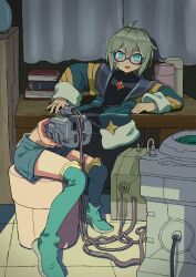 Rule 34 | 1boy, android, bisected, blush, book, boots, cable, cyborg, damaged, desk, glasses, green eyes, green footwear, green hair, grey hair, hair between eyes, highres, looking at viewer, male focus, mechanical parts, mixed-language commentary, open mouth, original, short hair, shorts, sitting, solo, sweat, thigh boots, vanillaklein