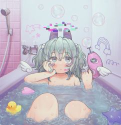 Rule 34 | 1girl, :o, angel wings, bathing, bathtub, blush, bubble, bubble gun, chromatic aberration, completely nude, glitch, green hair, grey eyes, hair between eyes, hair ornament, hairclip, halo, hand on own face, heart, highres, holding, looking up, medium hair, nude, open mouth, original, rainbow, rnfhv, rubber duck, shower head, solo, star (symbol), twintails, water, wings