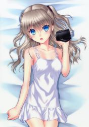 Rule 34 | 1girl, absurdres, bed sheet, blue eyes, blush, breasts, camera, charlotte (anime), cleavage, collarbone, cowboy shot, dakimakura (medium), from below, hair between eyes, highres, holding, holding camera, lingerie, long hair, looking at viewer, lying, miniskirt, na-ga, on back, open mouth, shirt, silver hair, skirt, sleeveless, sleeveless shirt, small breasts, solo, tomori nao, twintails, underwear, white shirt, white skirt