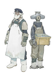 2boys absurdres apron beard blue_hat boots brown_overalls chenrong96 collared_shirt facial_hair gloves grey_gloves grey_hair grey_shirt hat highres holding humanoid_robot long_sleeves male_focus multiple_boys original overalls robot shirt short_sleeves simple_background standing tan thick_eyebrows vest white_apron white_background white_footwear